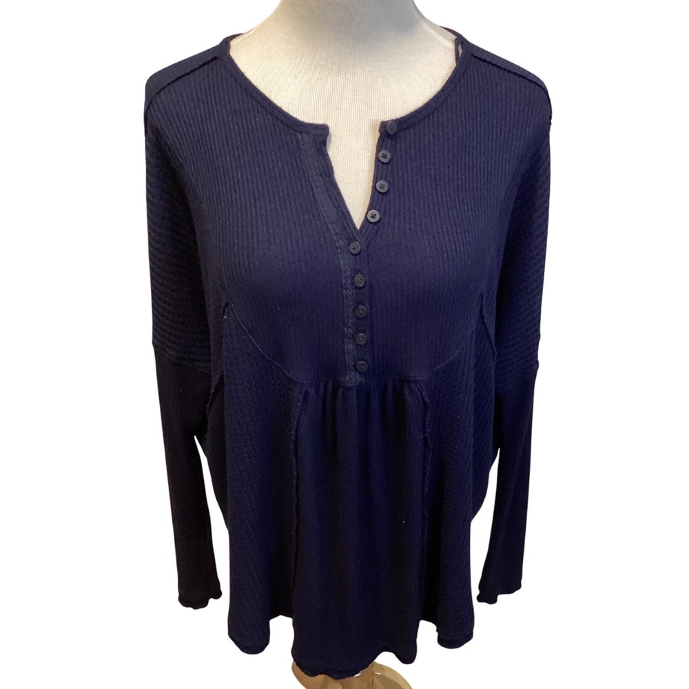 Free People Navy Blue Ribbed‎ Henley Tunic Top Size Small